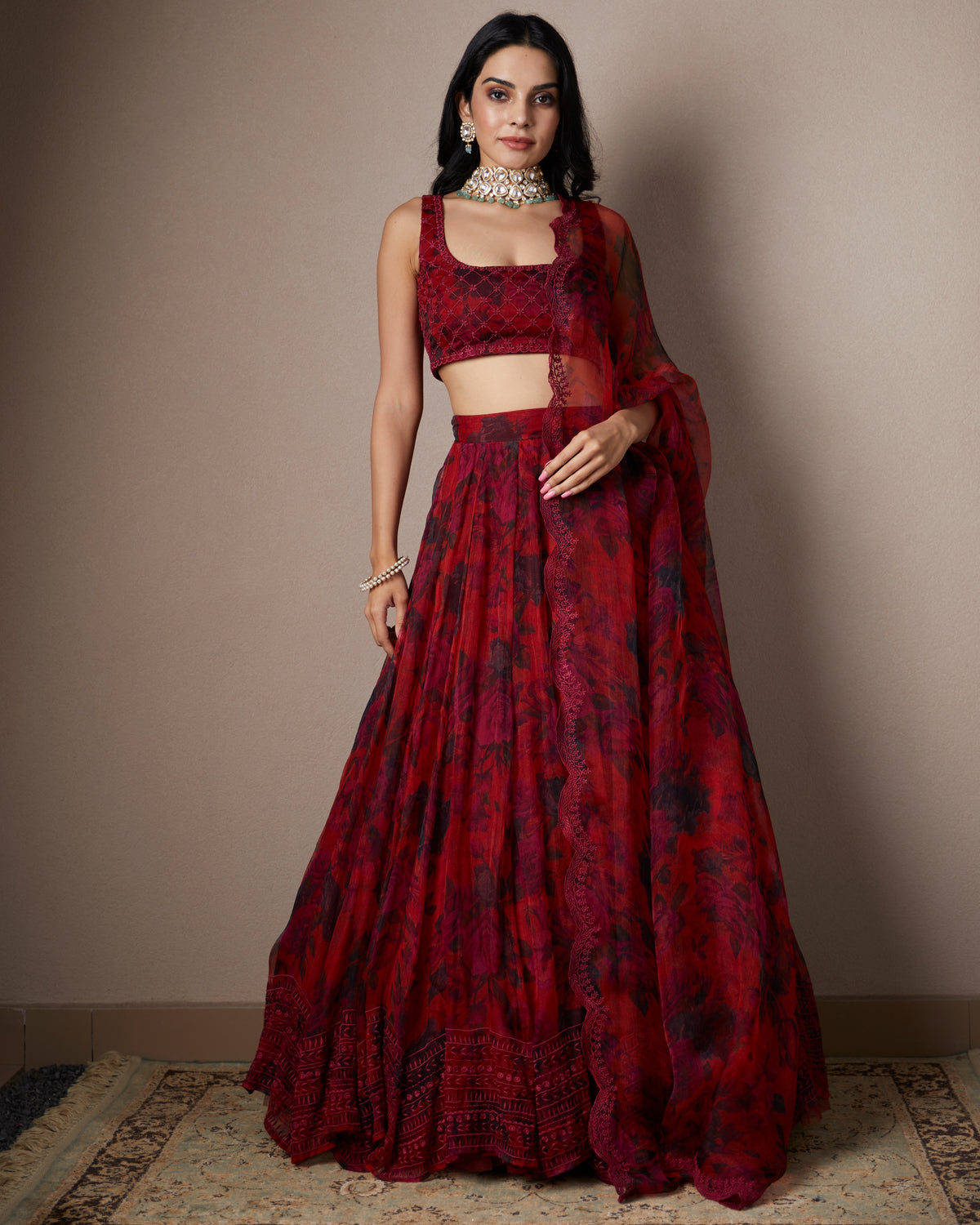 Deep Red Floral Lehenga Set