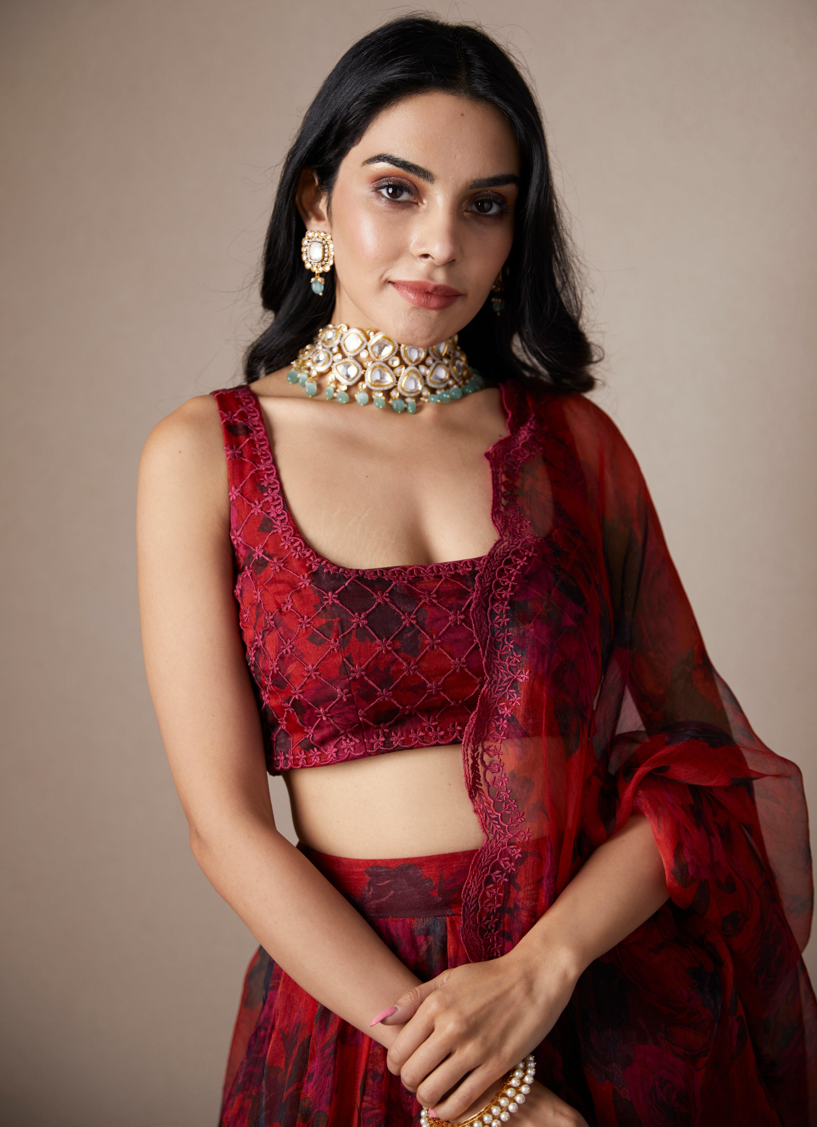 Deep Red Floral Lehenga Set