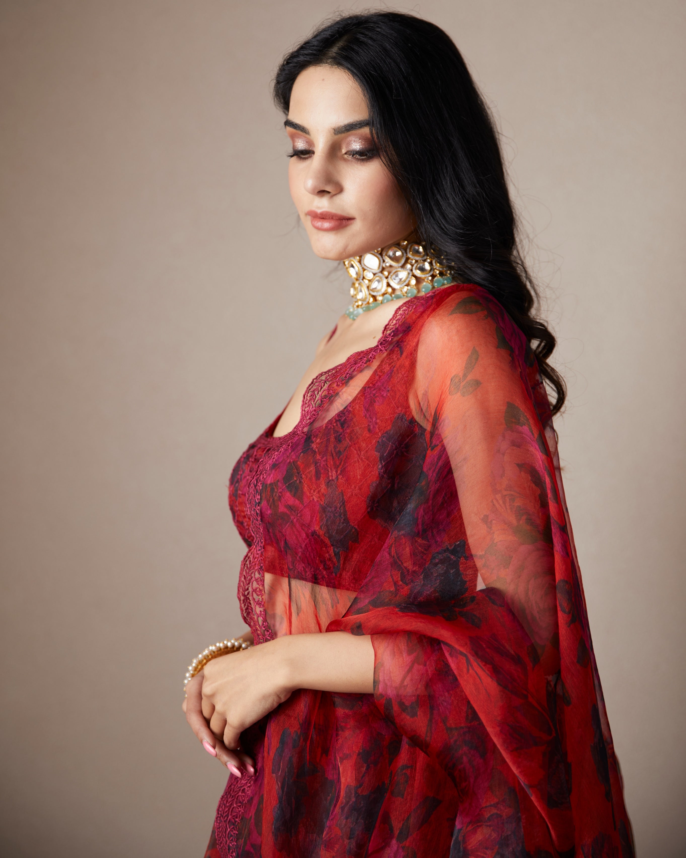 Deep Red Floral Lehenga Set