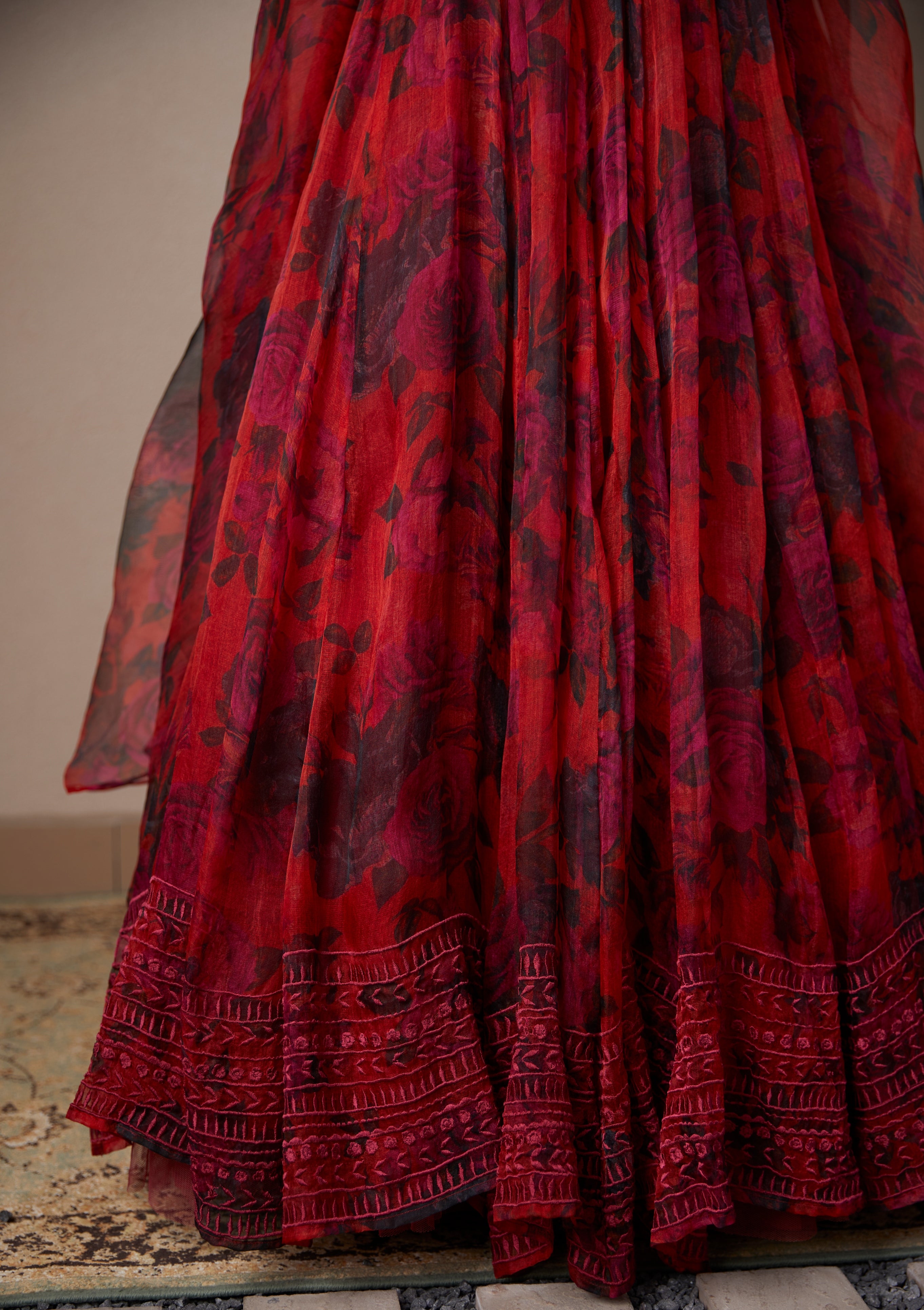 Deep Red Floral Lehenga Set