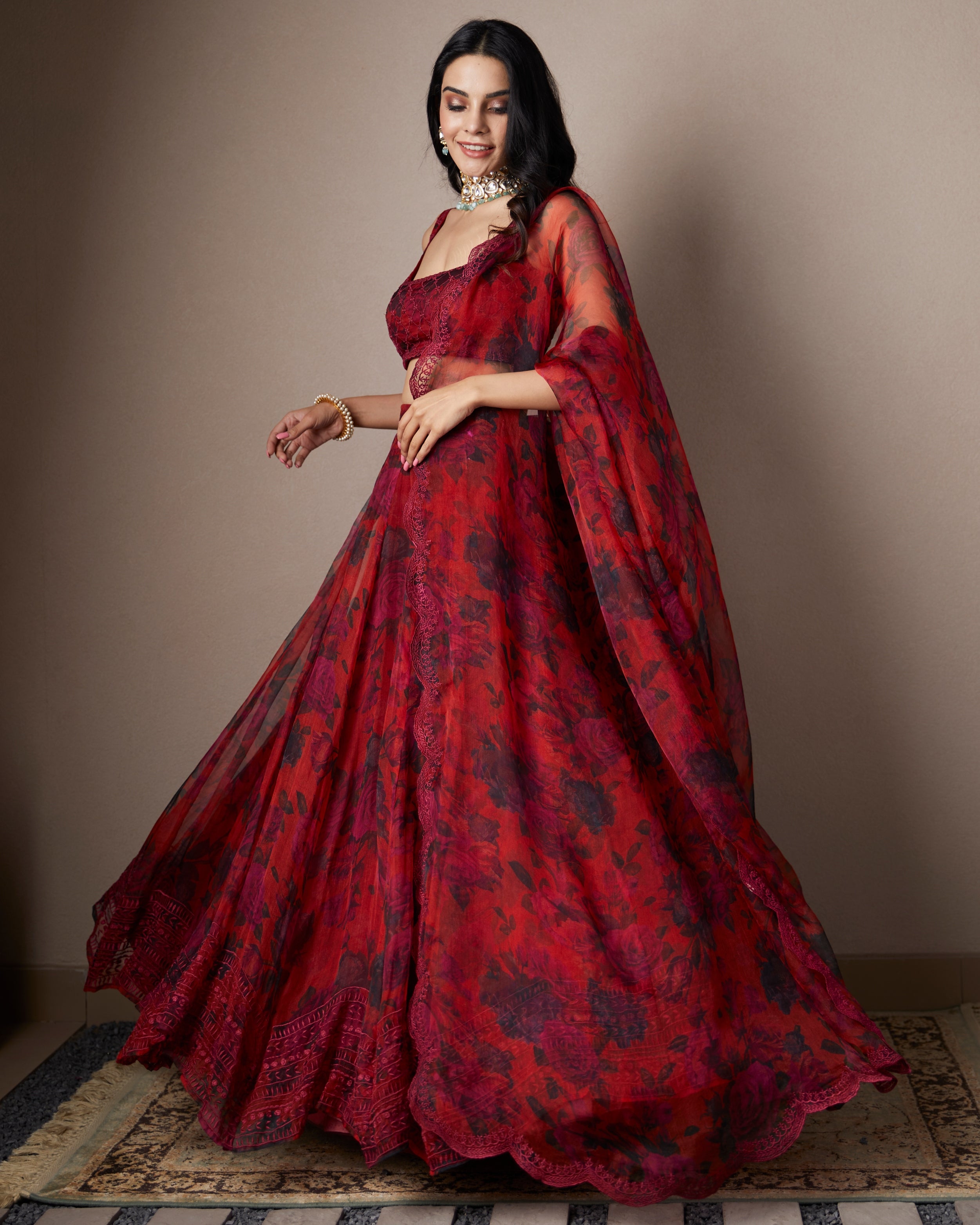 Deep Red Floral Lehenga Set