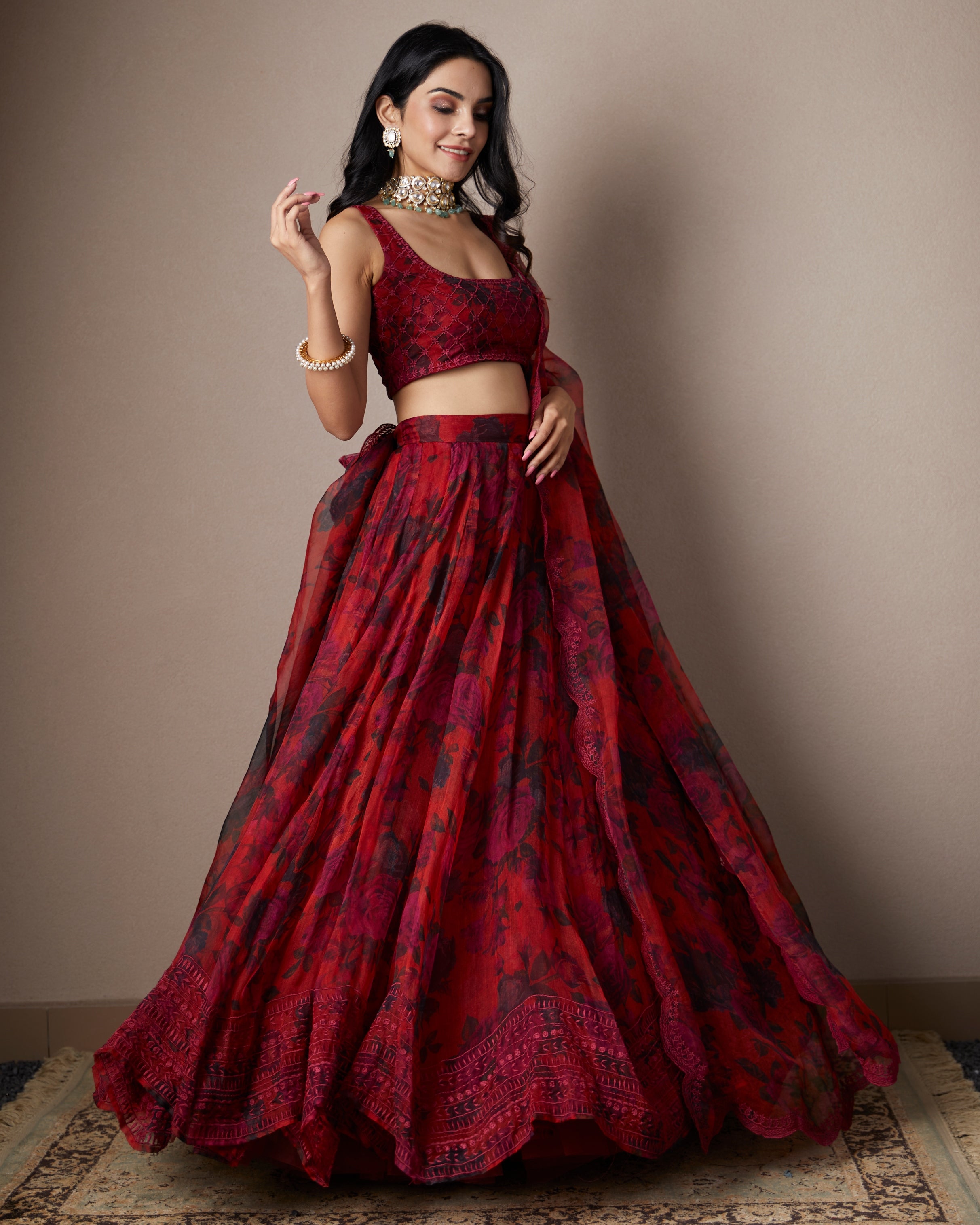 Deep Red Floral Lehenga Set