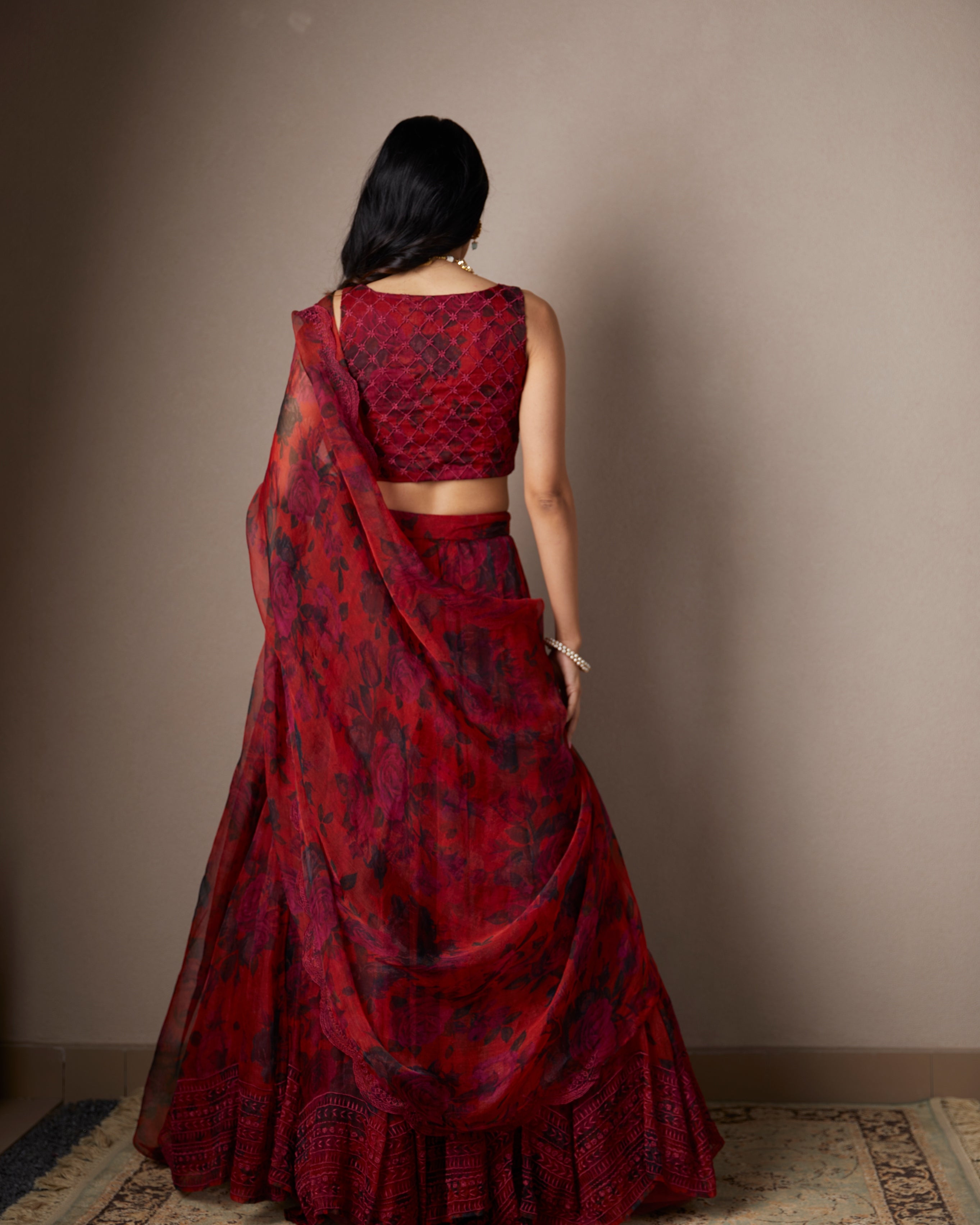 Deep Red Floral Lehenga Set