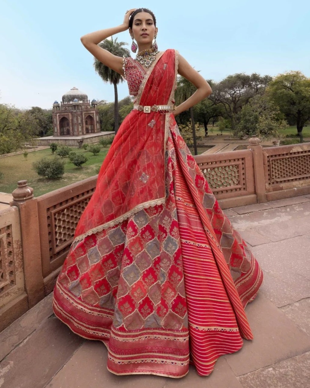 Hot Pink Banarsi Print Chanderi Lehenga Set