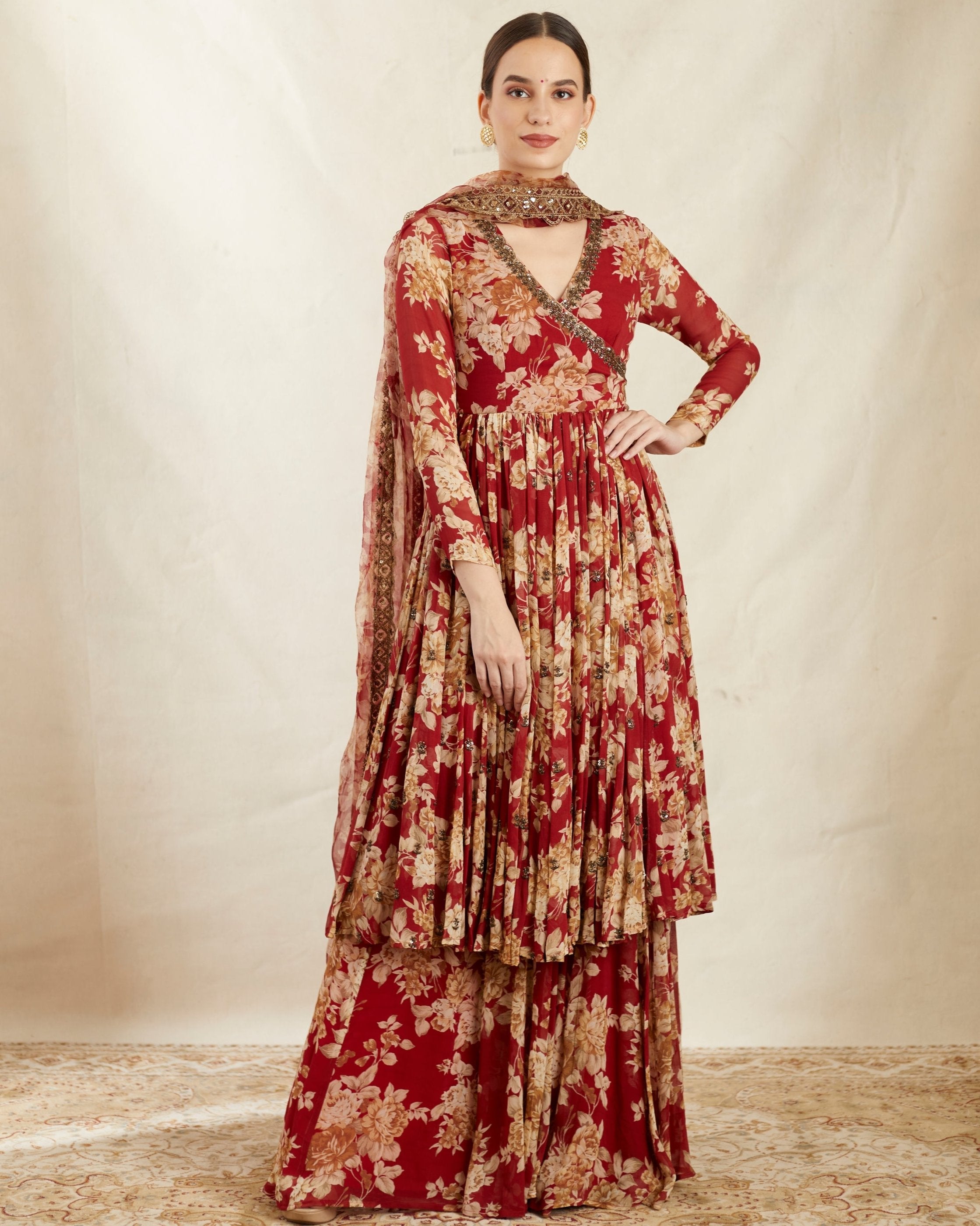 Red Georgette Floral Angrakha Set