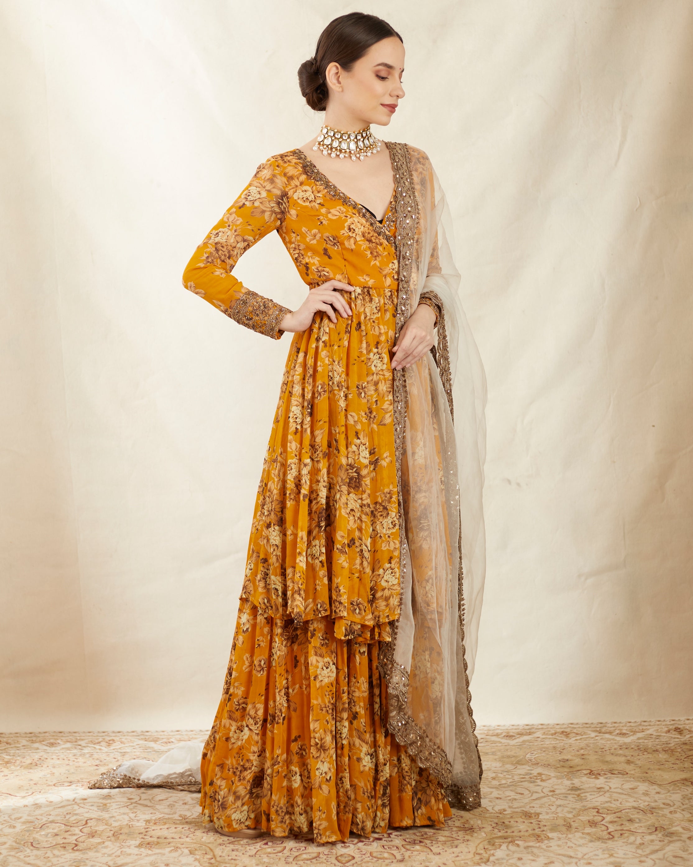 Mustard Georgette Floral Angrakha Set