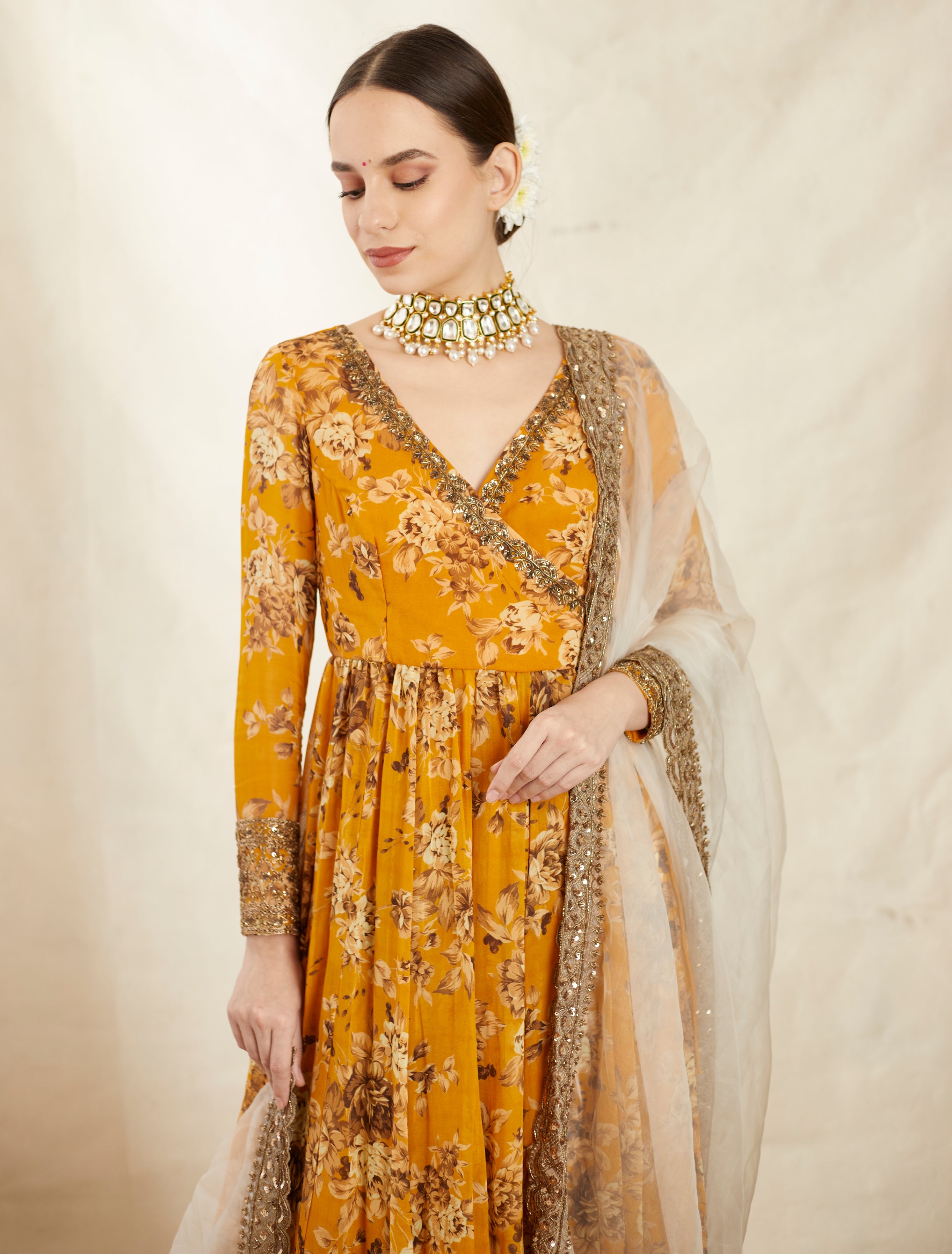 Mustard Georgette Floral Angrakha Set