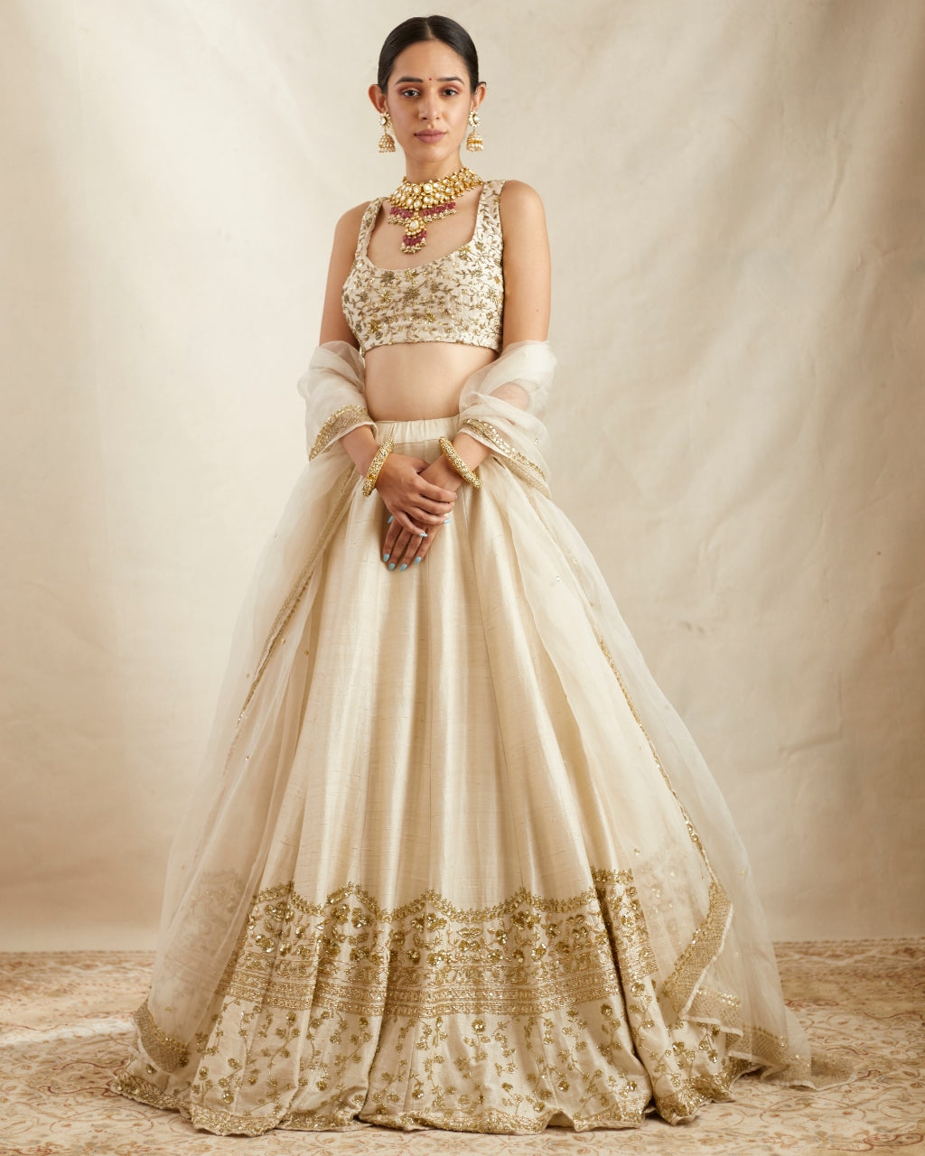 Off White With Gold Work Lehenga Set