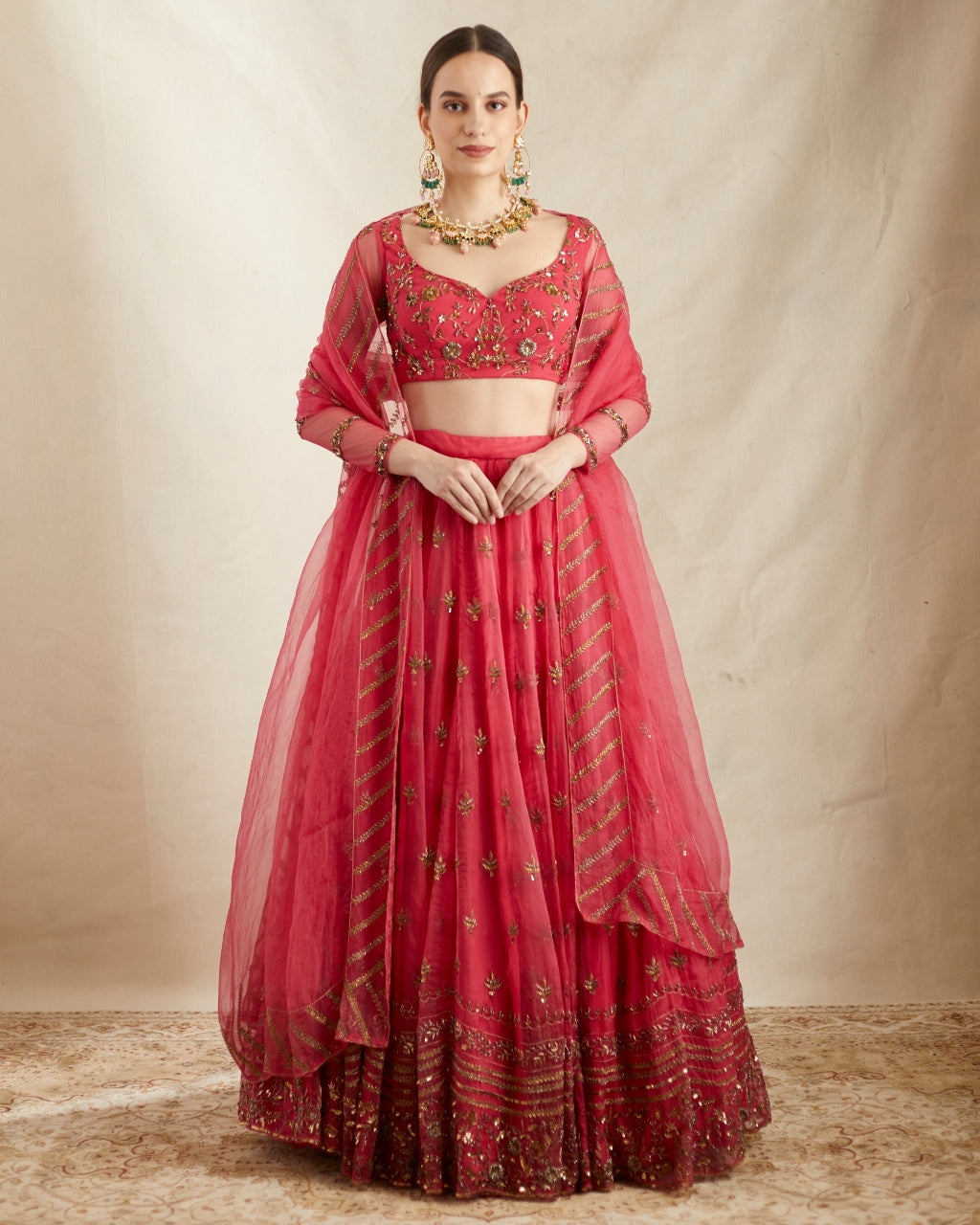 Caramine Pink Organza Silk Embroidered Lehenga Set