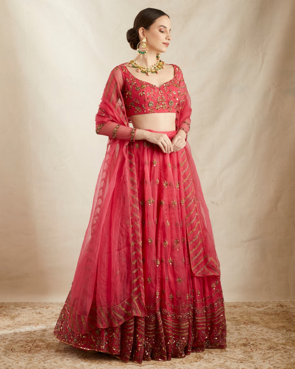 Caramine Pink Organza Silk Embroidered Lehenga Set