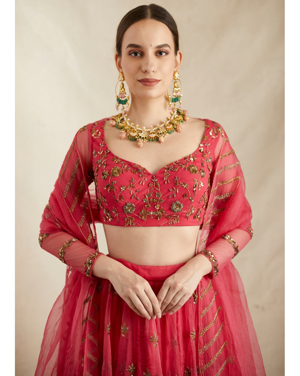 Caramine Pink Organza Silk Embroidered Lehenga Set