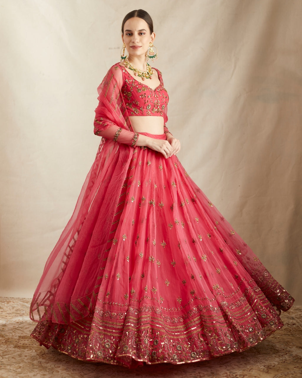 Caramine Pink Organza Silk Embroidered Lehenga Set