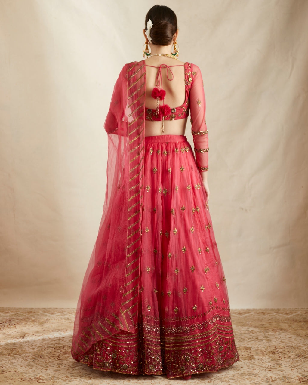 Caramine Pink Organza Silk Embroidered Lehenga Set