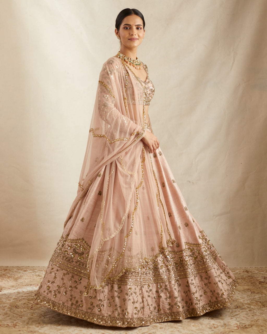 Peach Pink Embroidered Lehenga Set