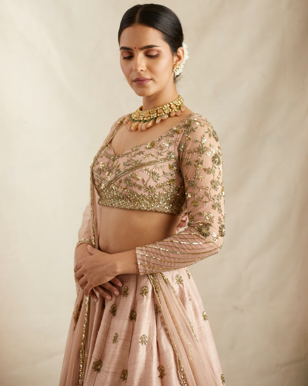 Peach Pink Embroidered Lehenga Set