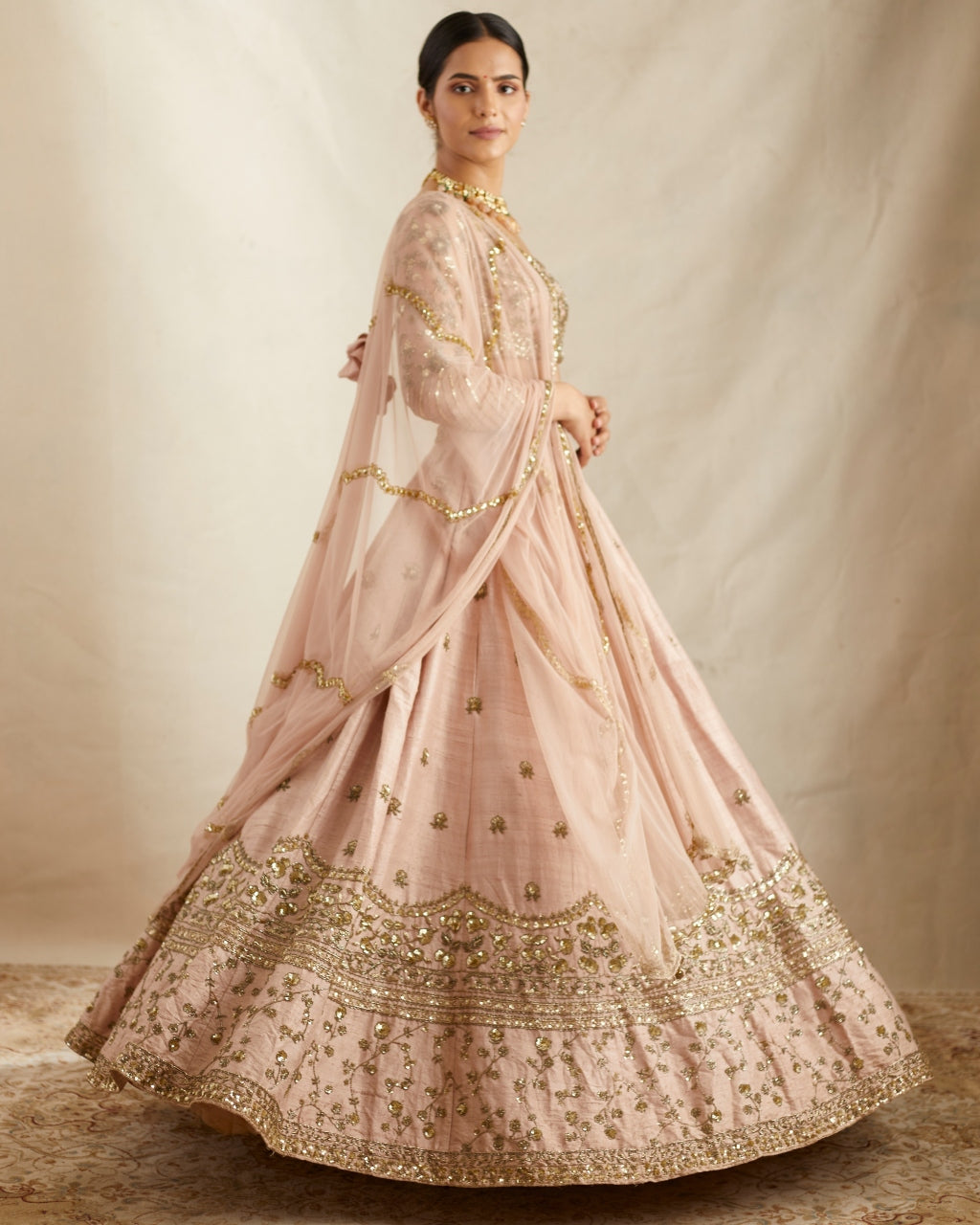 Peach Pink Embroidered Lehenga Set