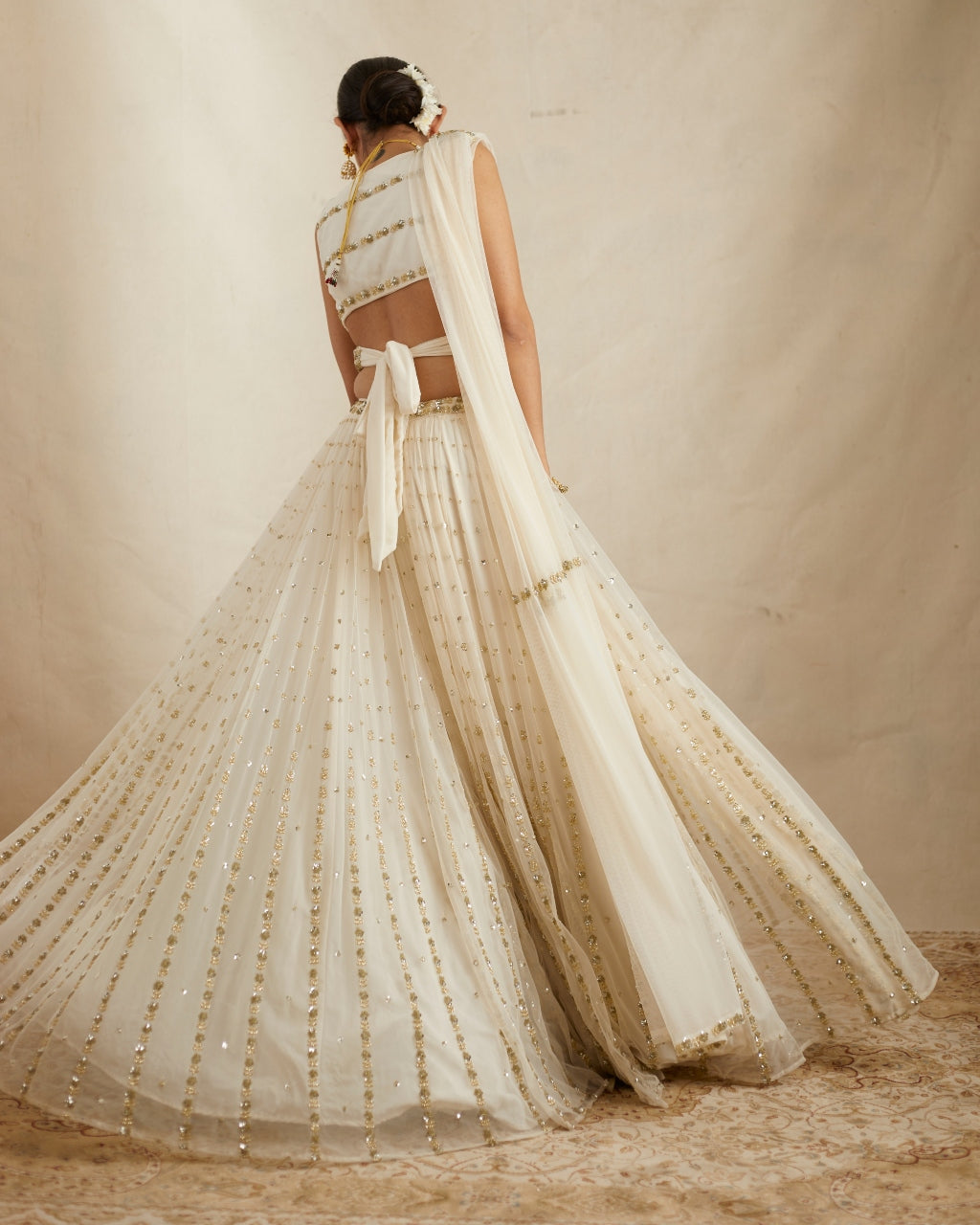 Off White Net Crepe Embroidered Lehenga Set