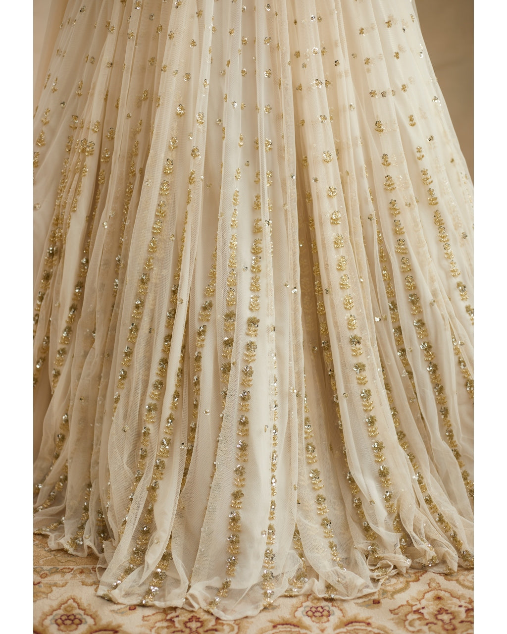 Off White Net Crepe Embroidered Lehenga Set