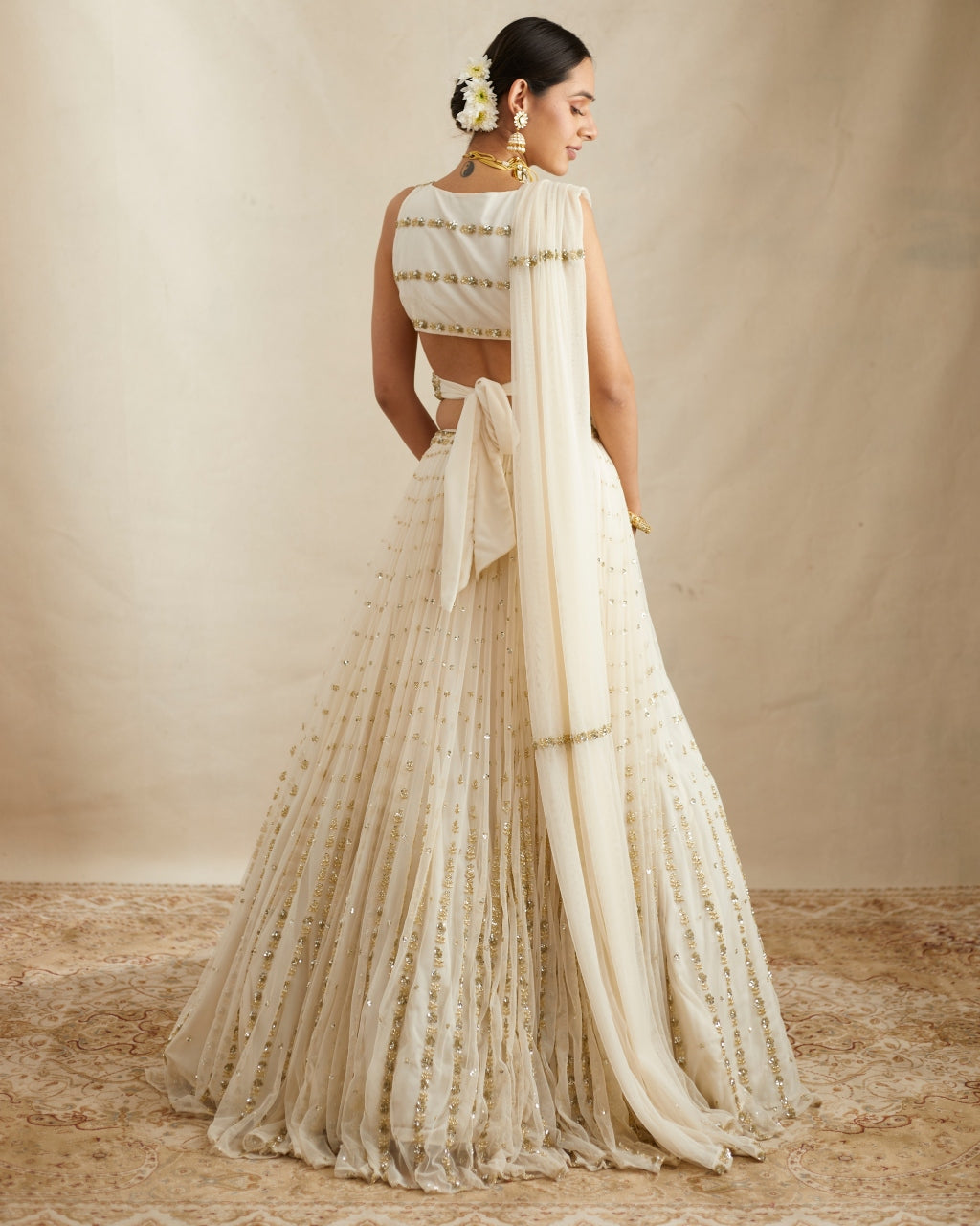 Off White Net Crepe Embroidered Lehenga Set