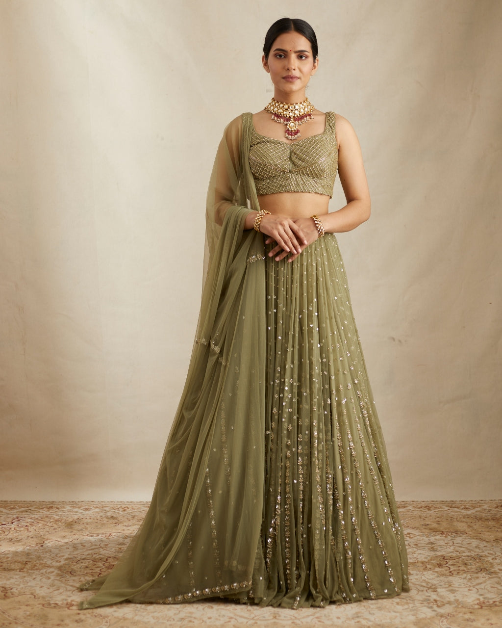 Olive Green Net Crepe Line Lehenga Set