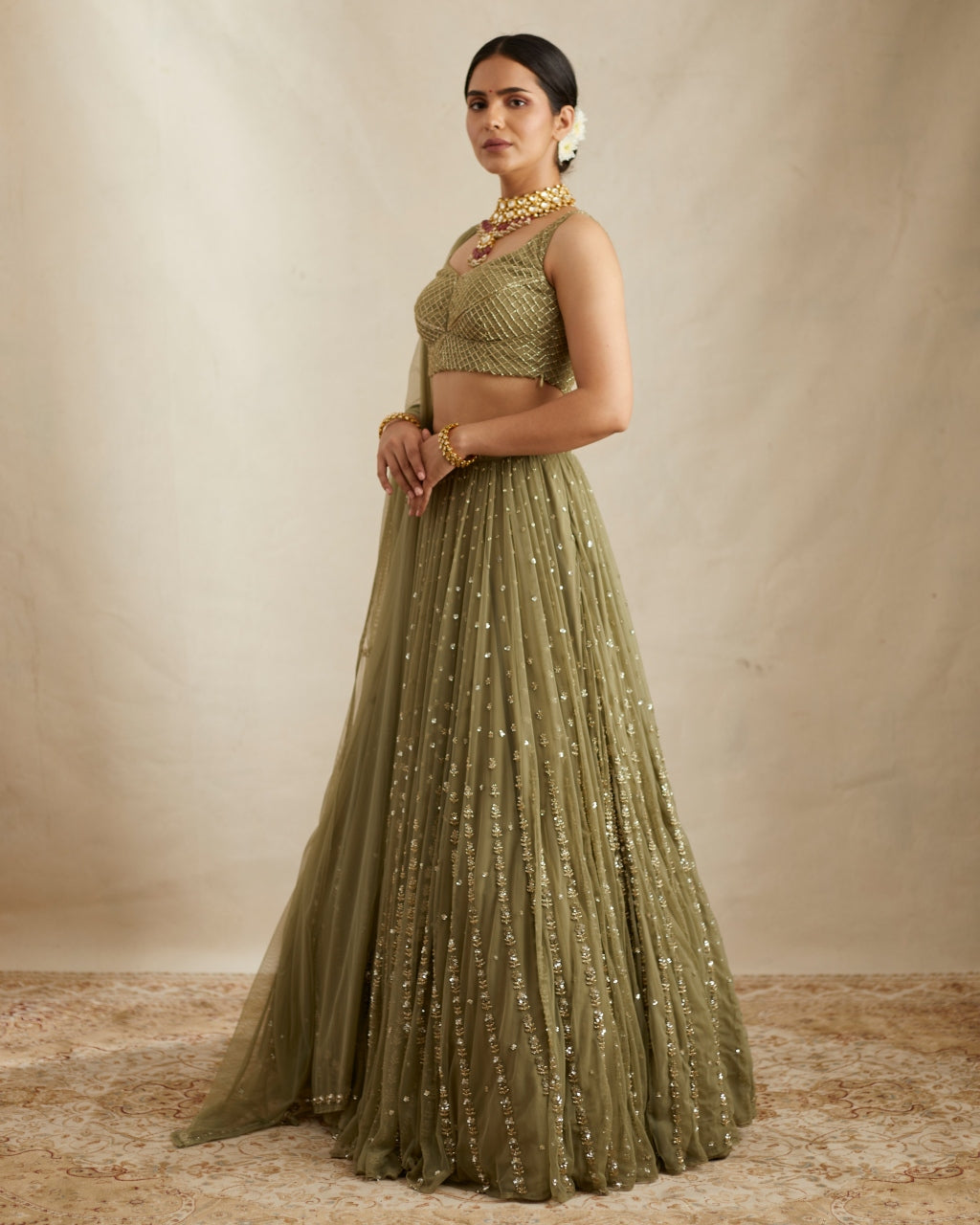 Olive Green Net Crepe Line Lehenga Set