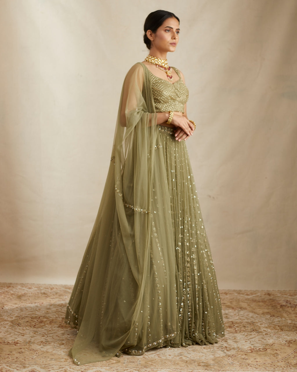 Olive Green Net Crepe Line Lehenga Set