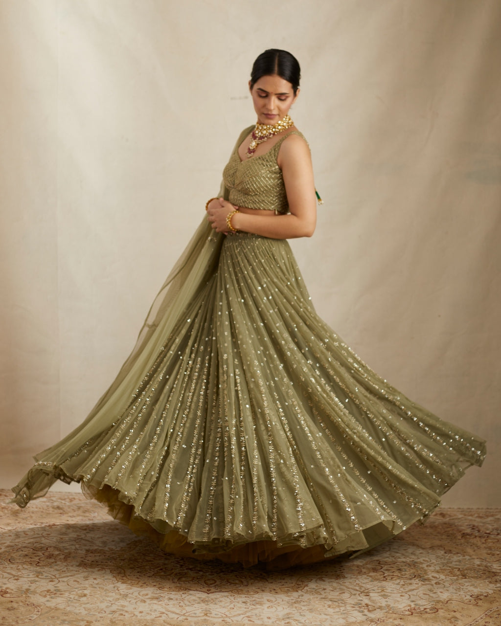 Olive Green Net Crepe Line Lehenga Set