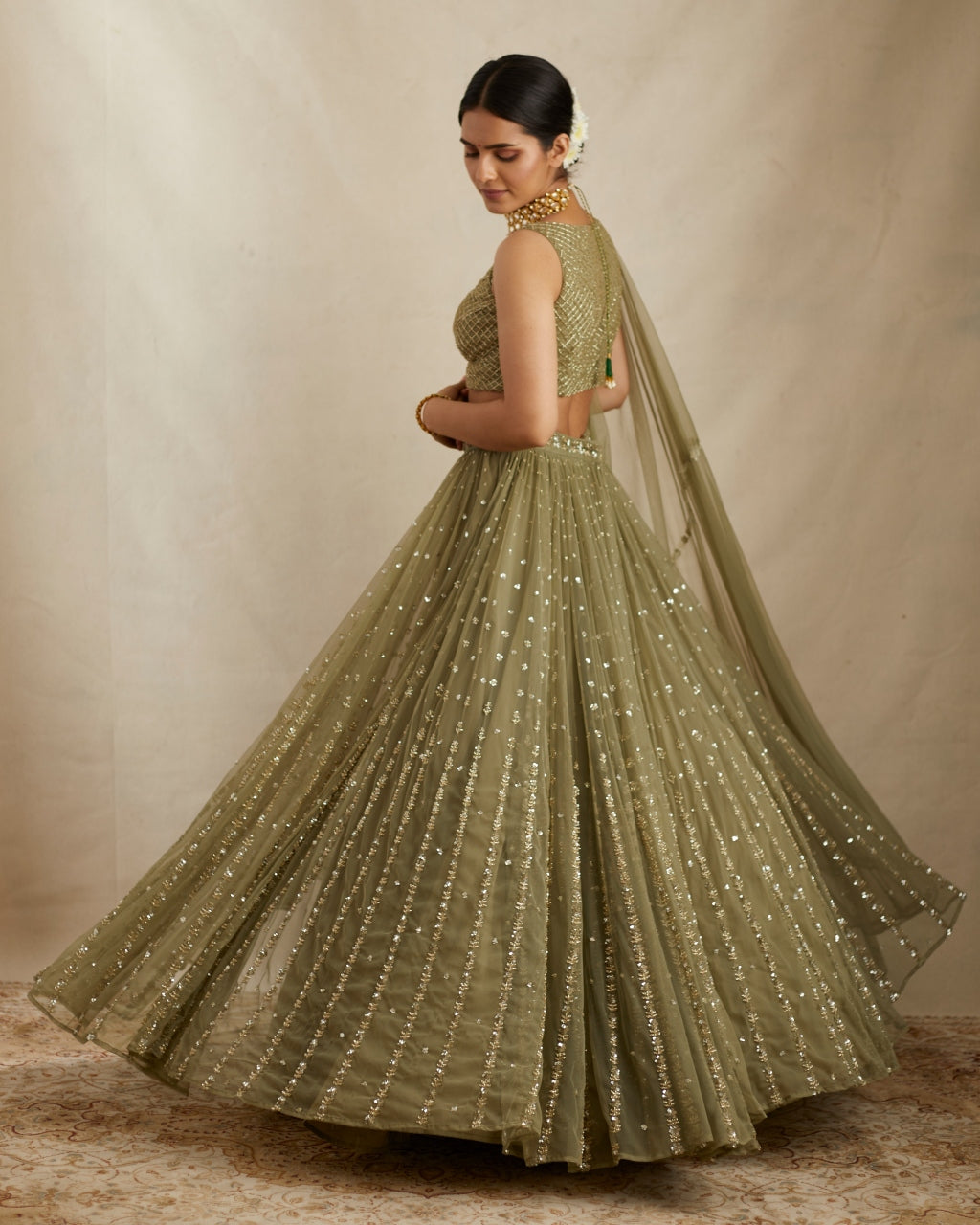 Olive Green Net Crepe Line Lehenga Set