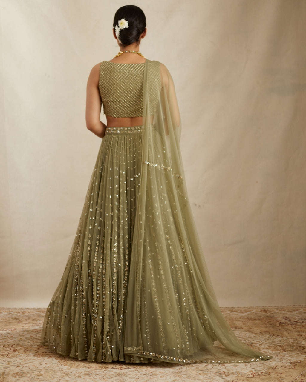 Olive Green Net Crepe Line Lehenga Set