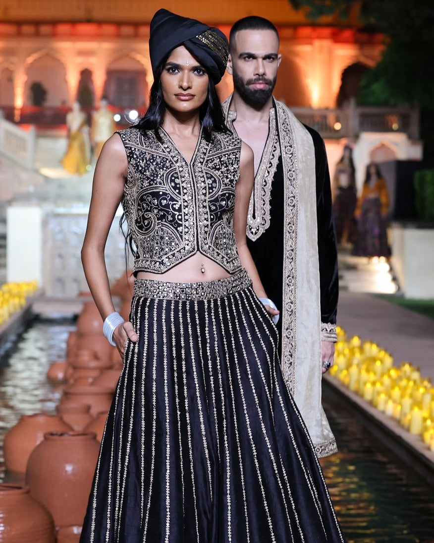 Black Amer Waistcoat Lehenga Set