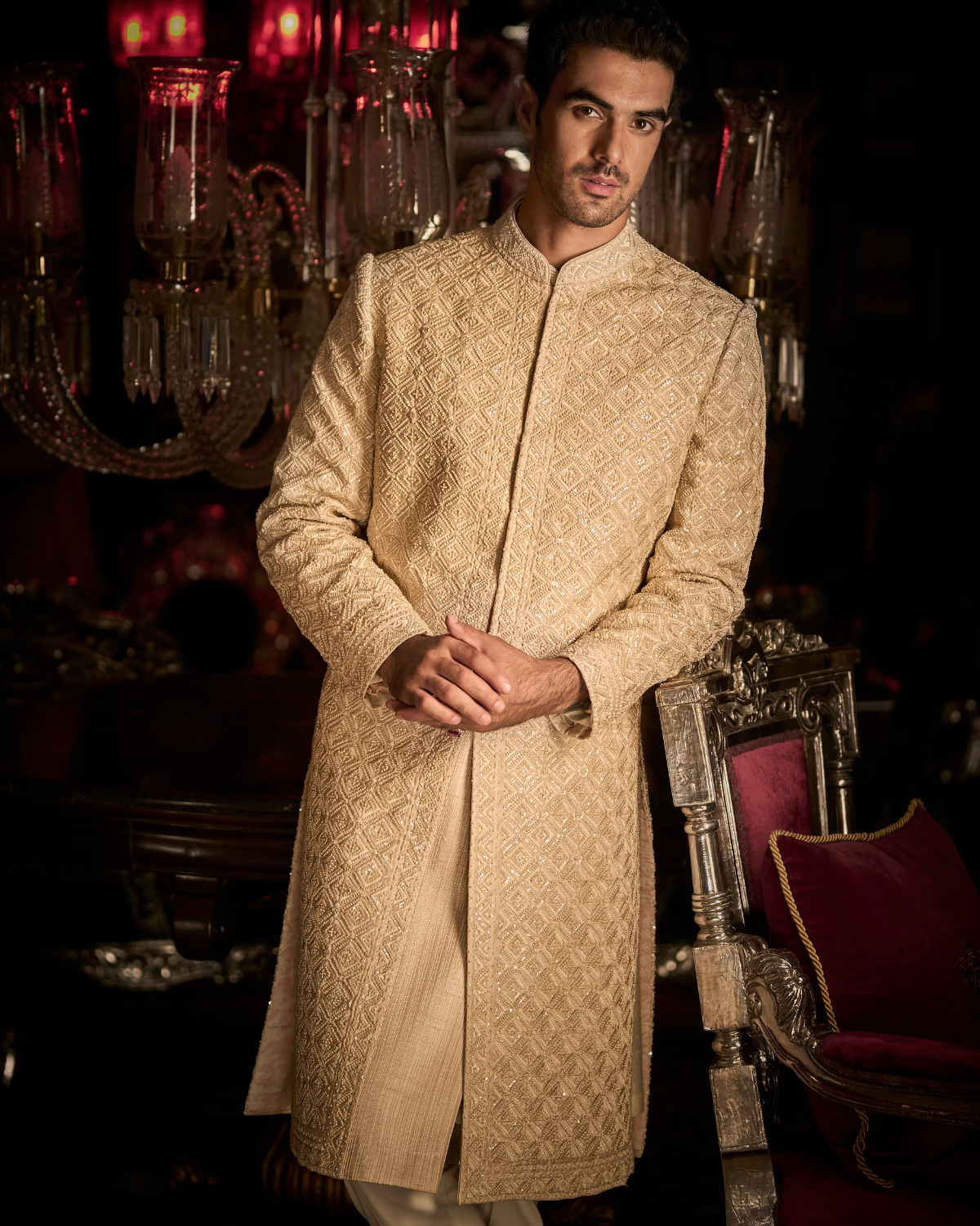 Nude Thread Sequin Work Sequin Sherwani Set By Seema Gujral