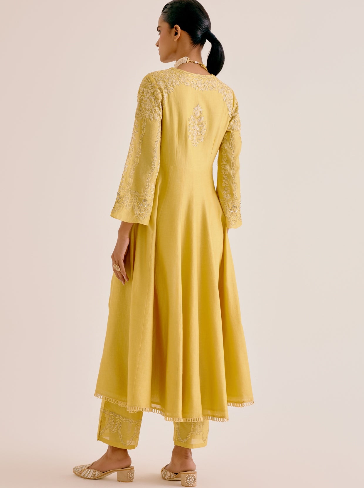 Yellow Silk Chanderi Dori Embroidered Anarkali Set