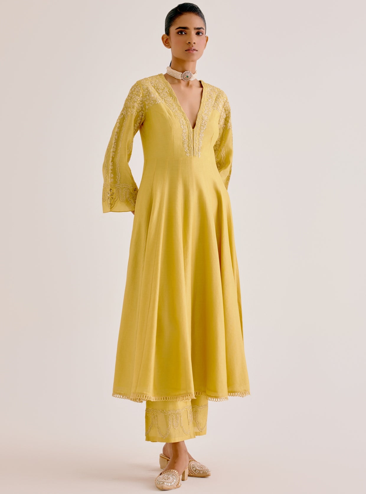 Yellow Silk Chanderi Dori Embroidered Anarkali Set