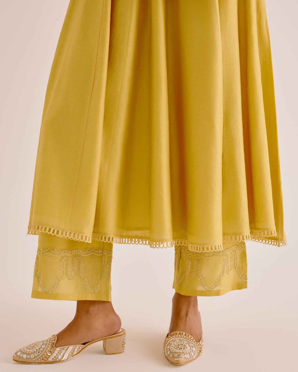 Yellow Silk Chanderi Dori Embroidered Anarkali Set