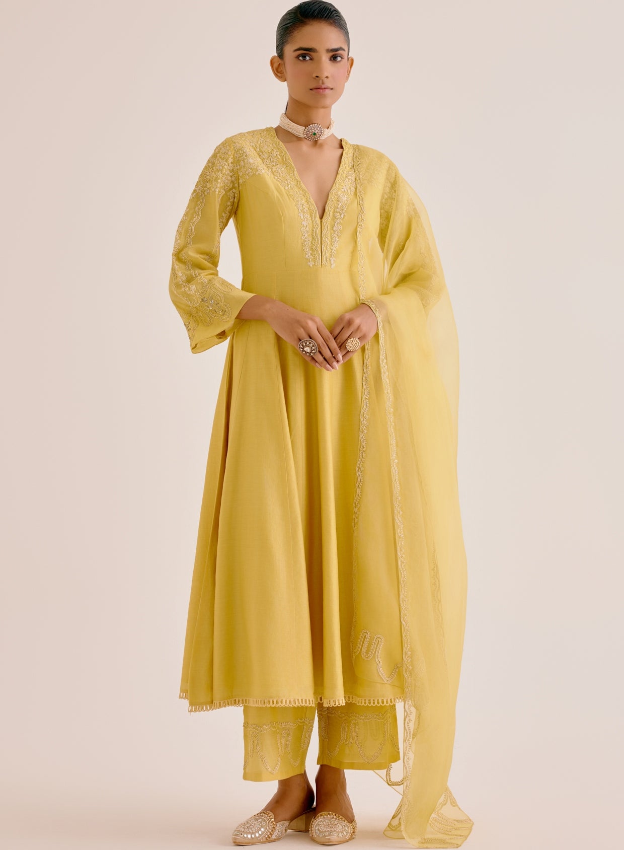 Yellow Silk Chanderi Dori Embroidered Anarkali Set