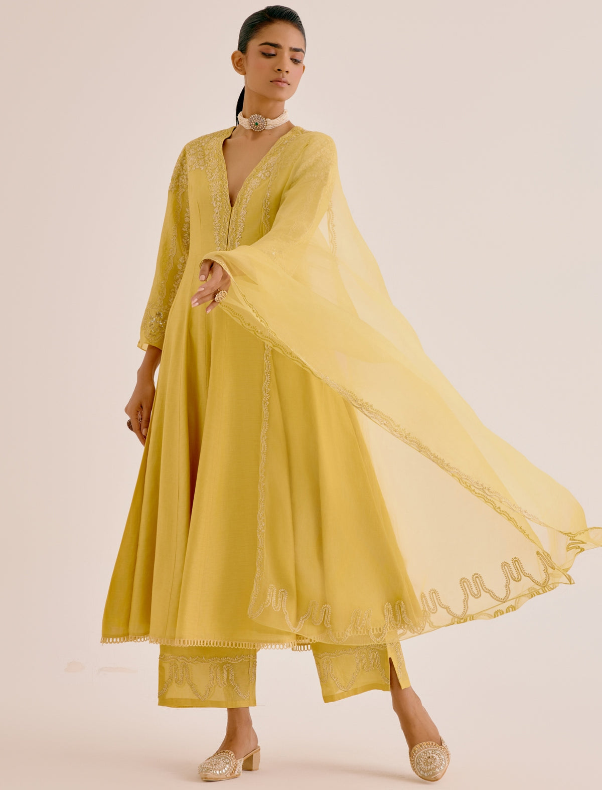 Yellow Silk Chanderi Dori Embroidered Anarkali Set