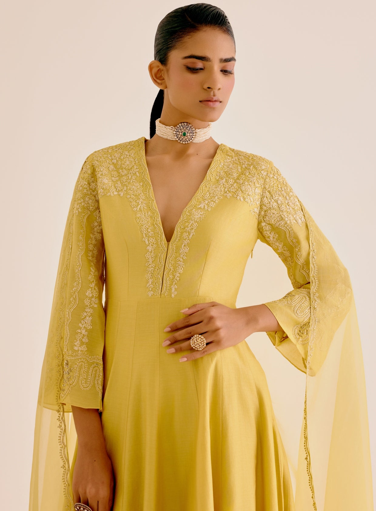 Yellow Silk Chanderi Dori Embroidered Anarkali Set