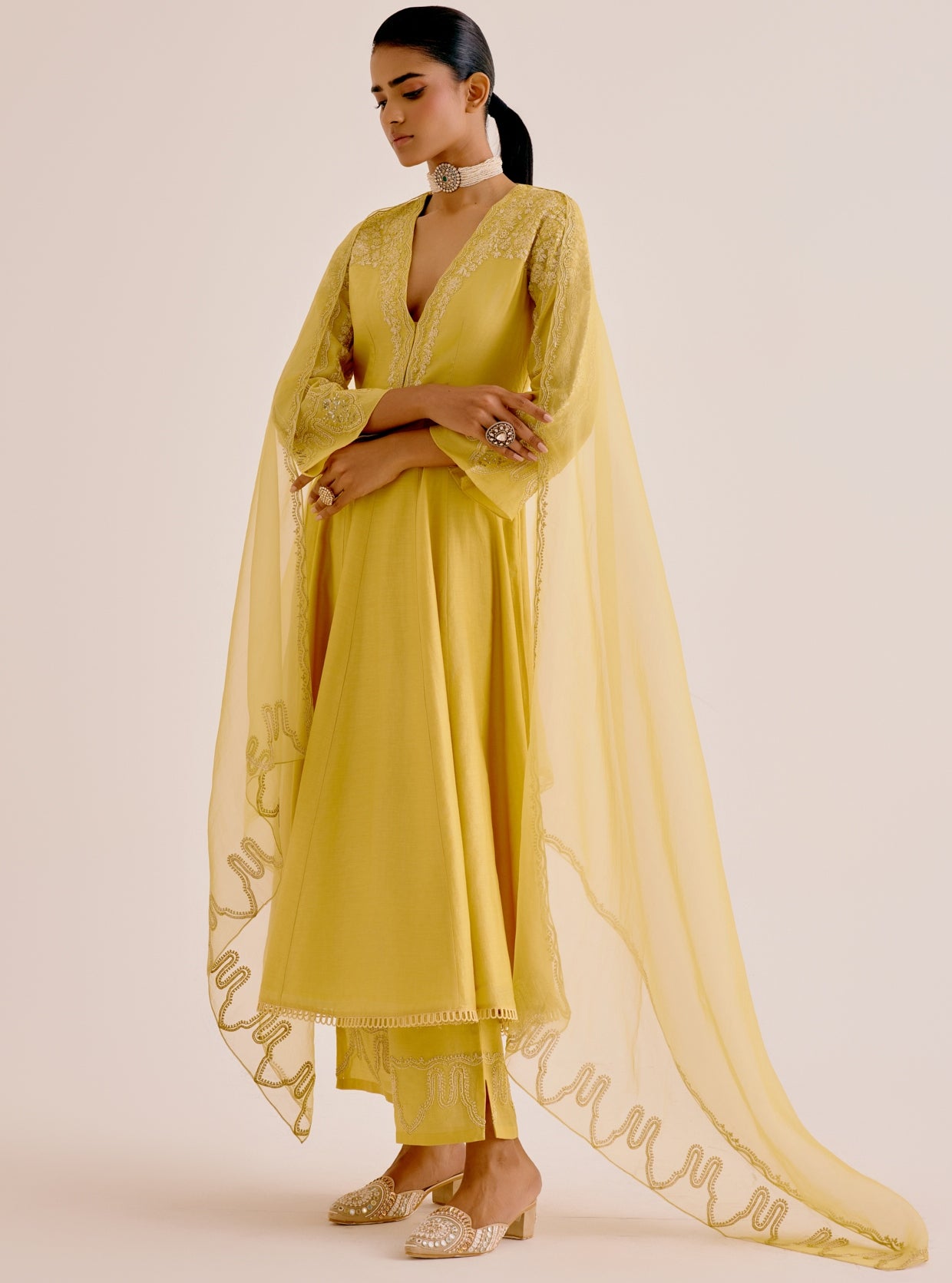 Yellow Silk Chanderi Dori Embroidered Anarkali Set