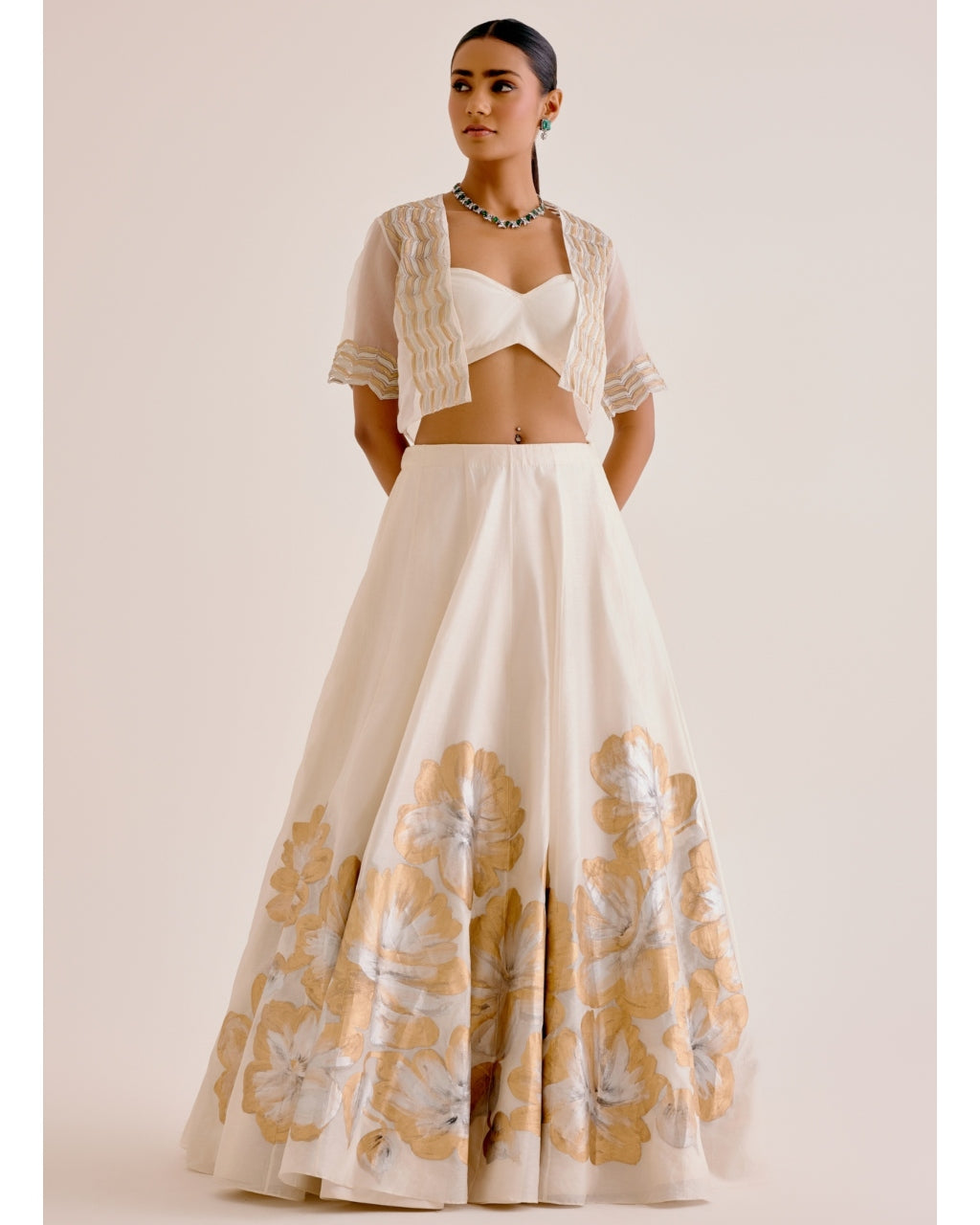 Ivory Silk Chanderi Hand-Painted Skirt And Cape Set