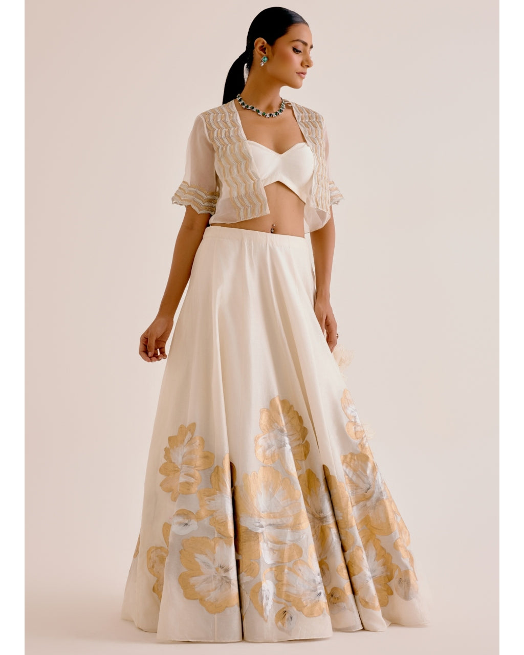 Ivory Silk Chanderi Hand-Painted Skirt And Cape Set