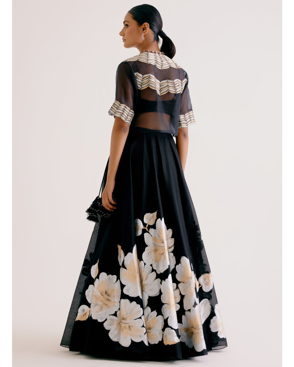 Black Silk Chanderi Hand-Painted Skirt And Cape Set