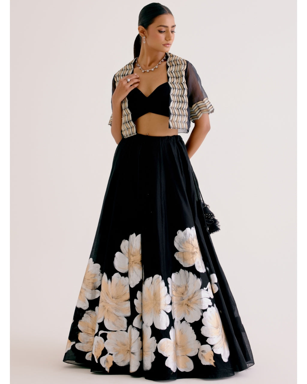 Black Silk Chanderi Hand-Painted Skirt And Cape Set