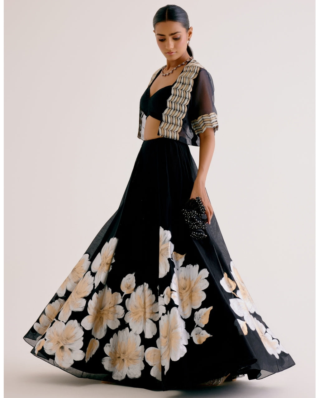 Black Silk Chanderi Hand-Painted Skirt And Cape Set