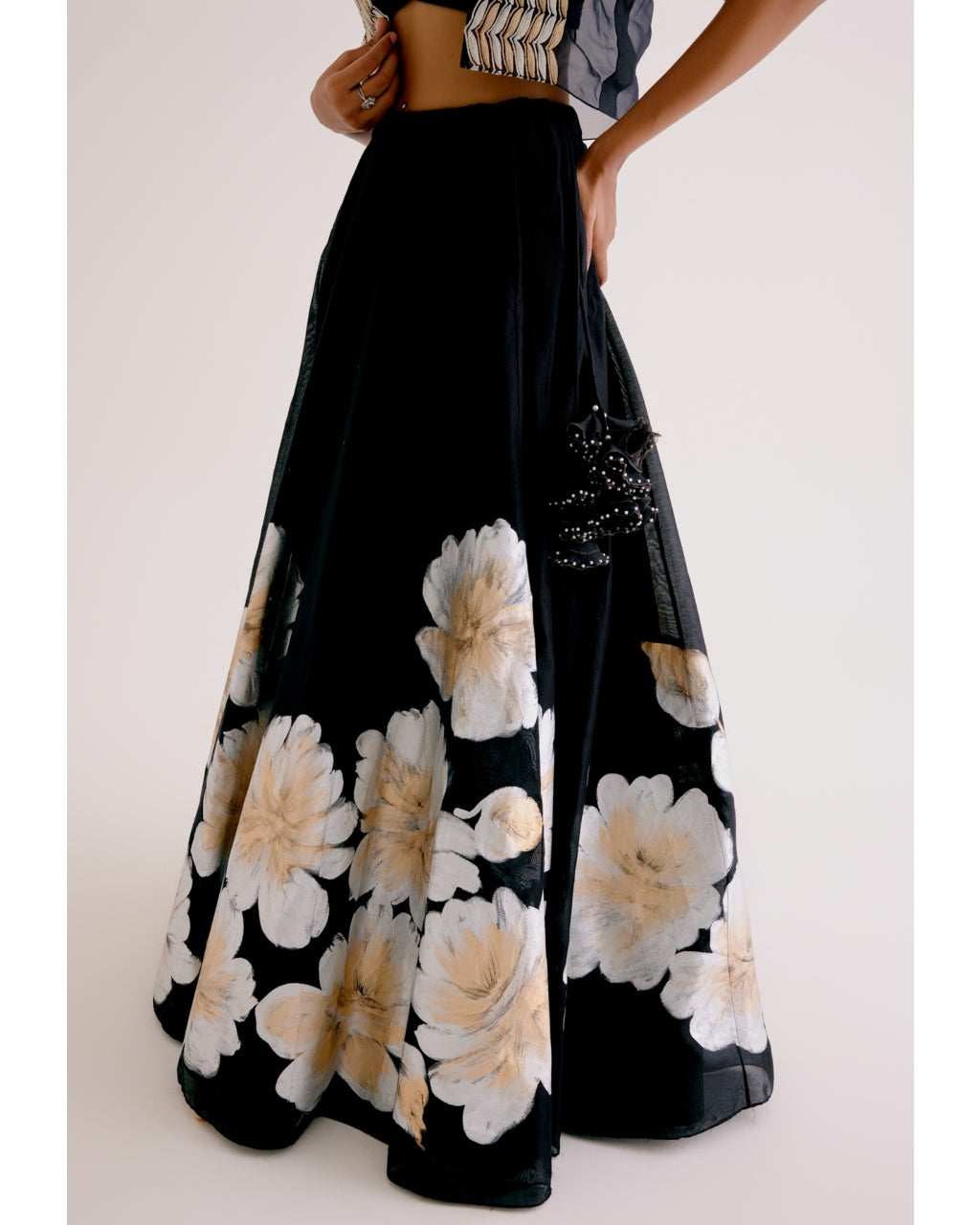 Black Silk Chanderi Hand-Painted Skirt And Cape Set