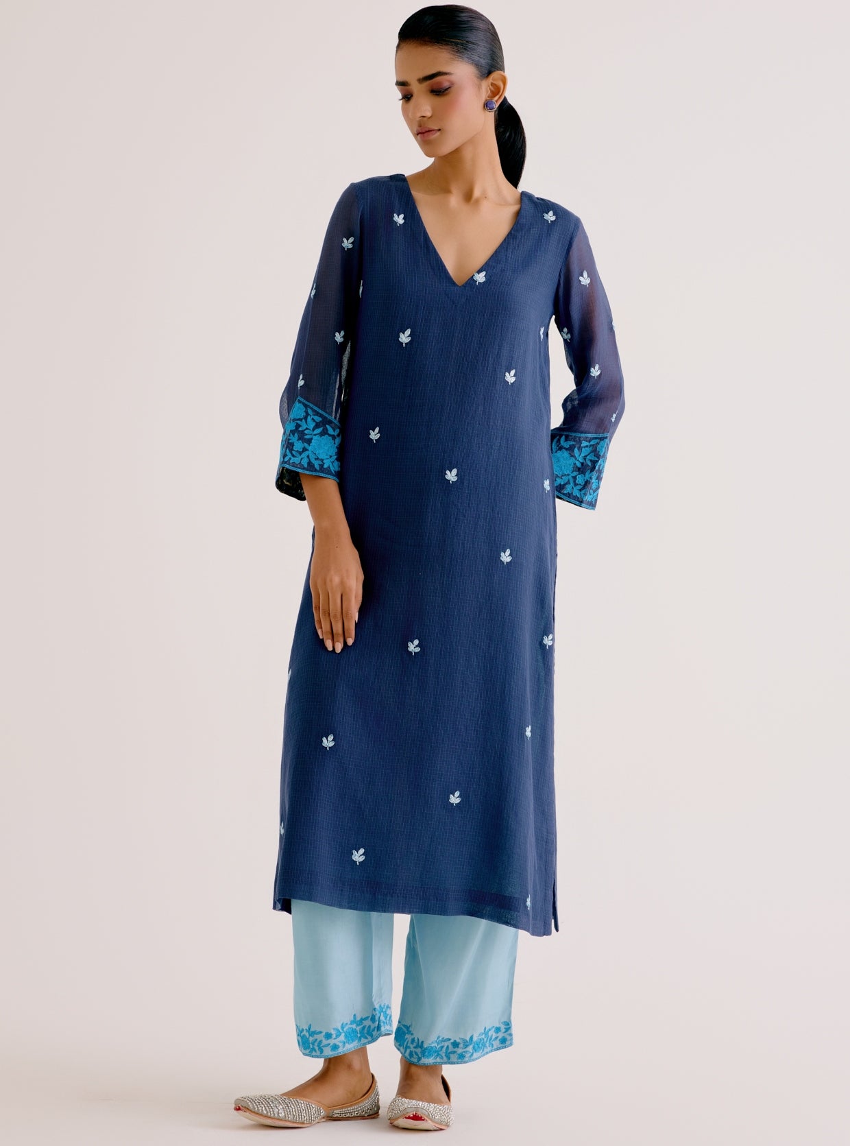 Navy Blue Kota Dori Embroidered Kurta Set