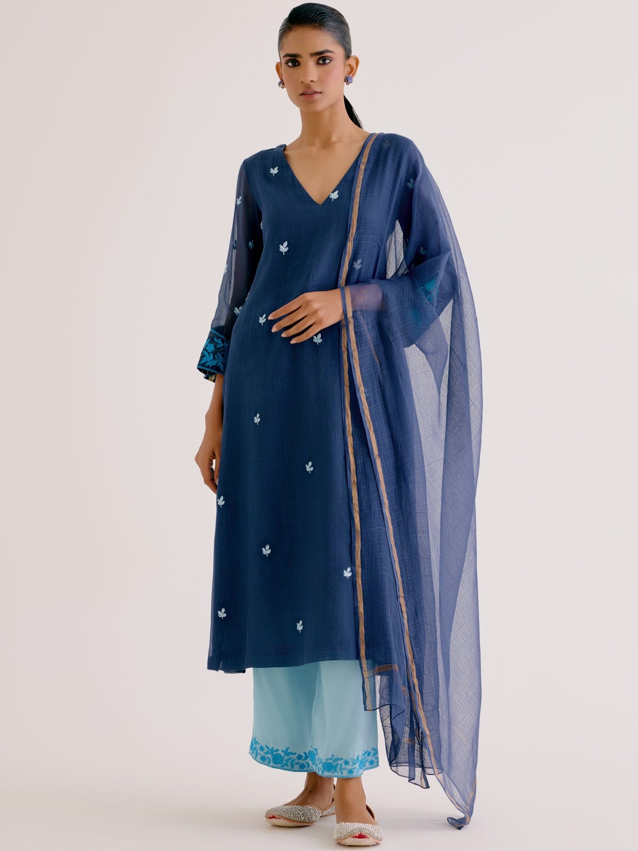 Navy Blue Kota Dori Embroidered Kurta Set