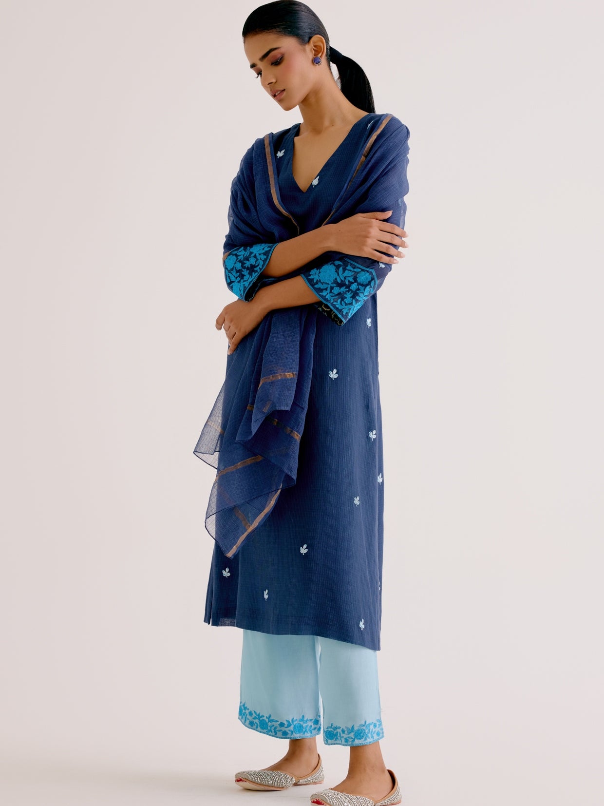 Navy Blue Kota Dori Embroidered Kurta Set