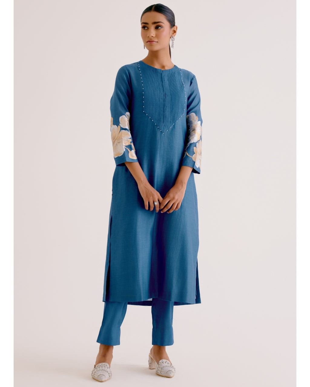 Blue Silk Chanderi Hand-Painted Kurta Set