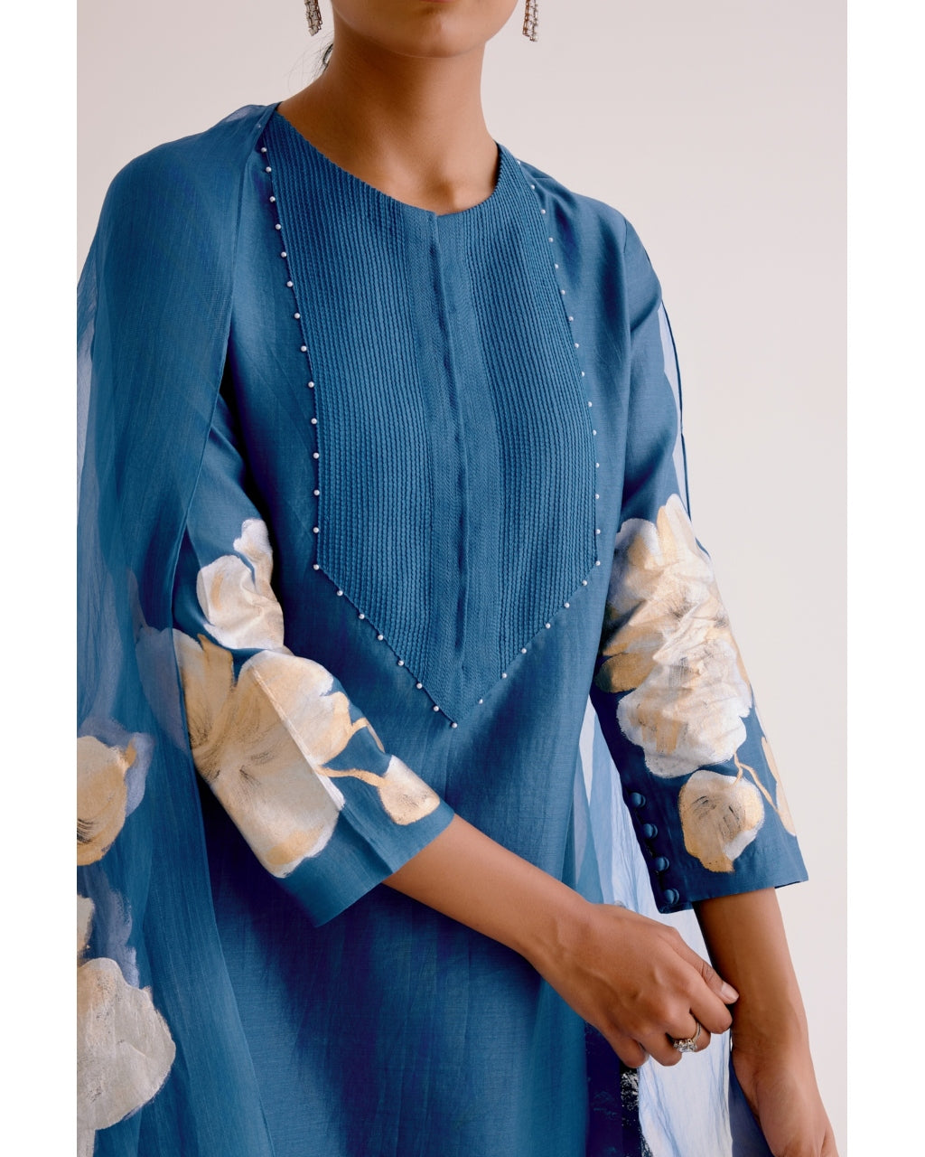 Blue Silk Chanderi Hand-Painted Kurta Set