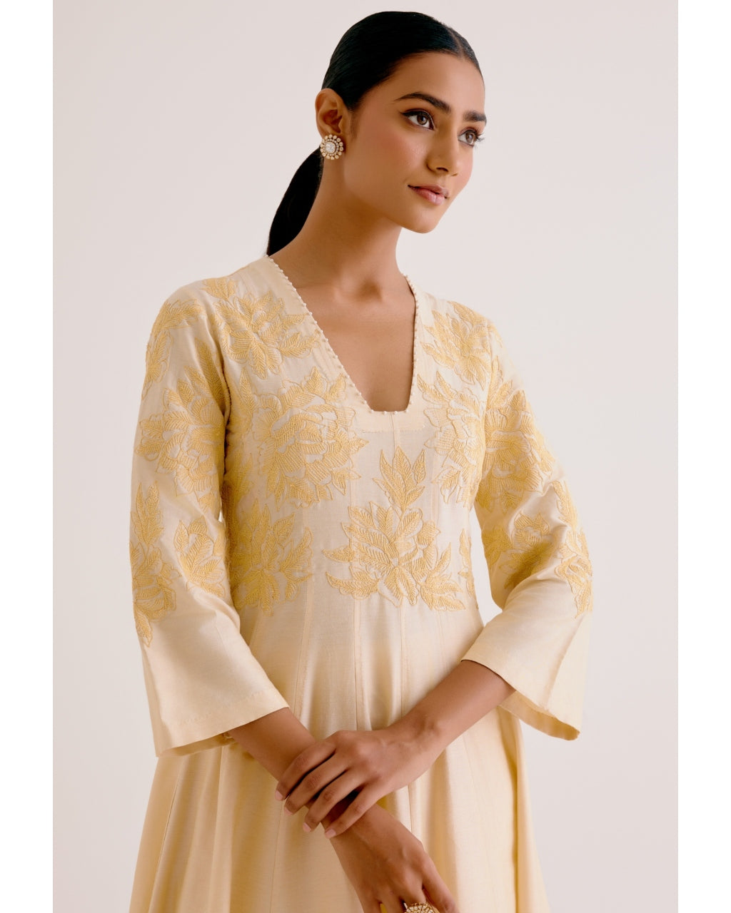 Lemon Yellow Cotton Silk Blend Hand-Painted Anarkali Set